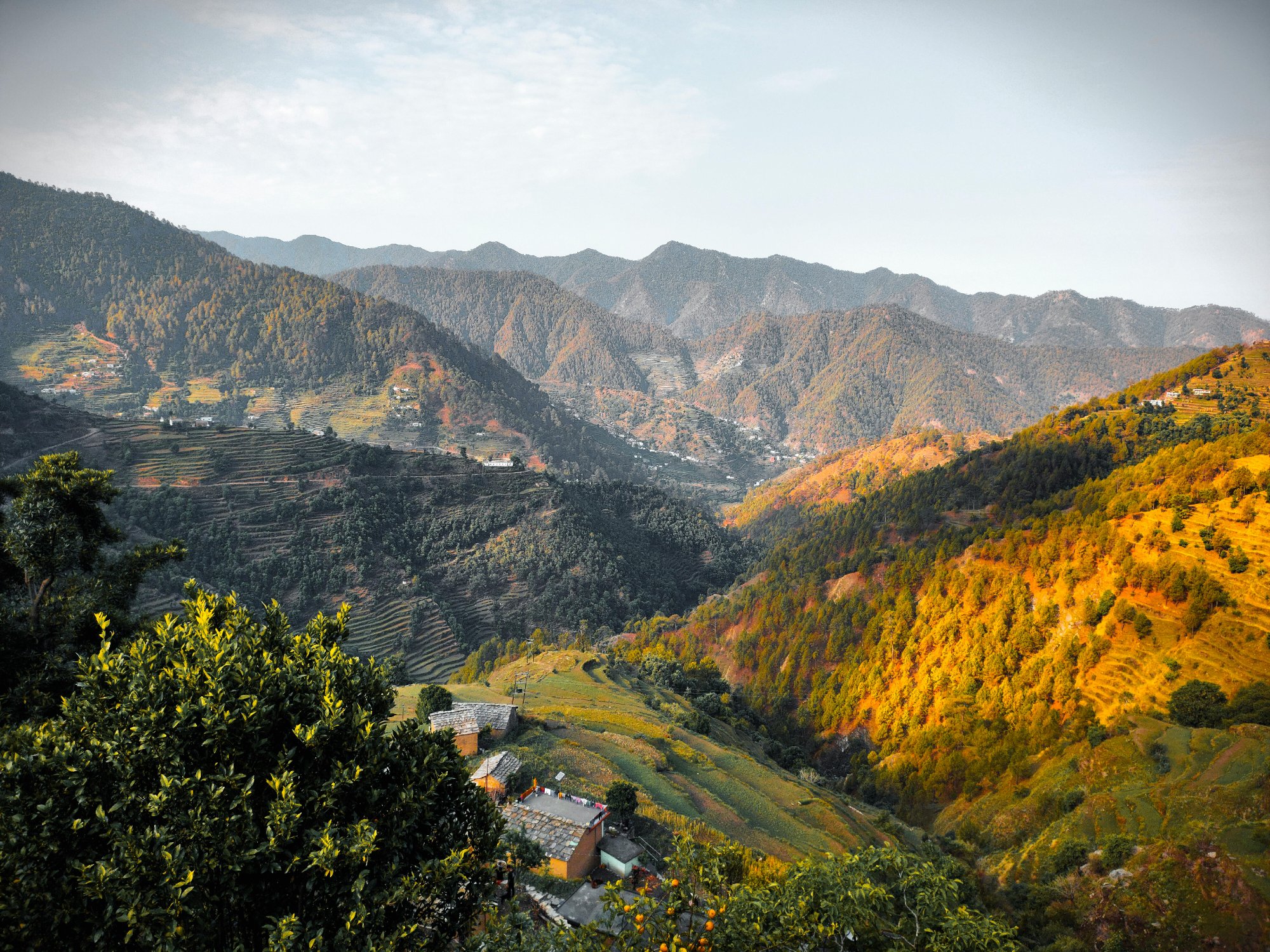 Pauri Garhwal valley panorama with terraced hillsides